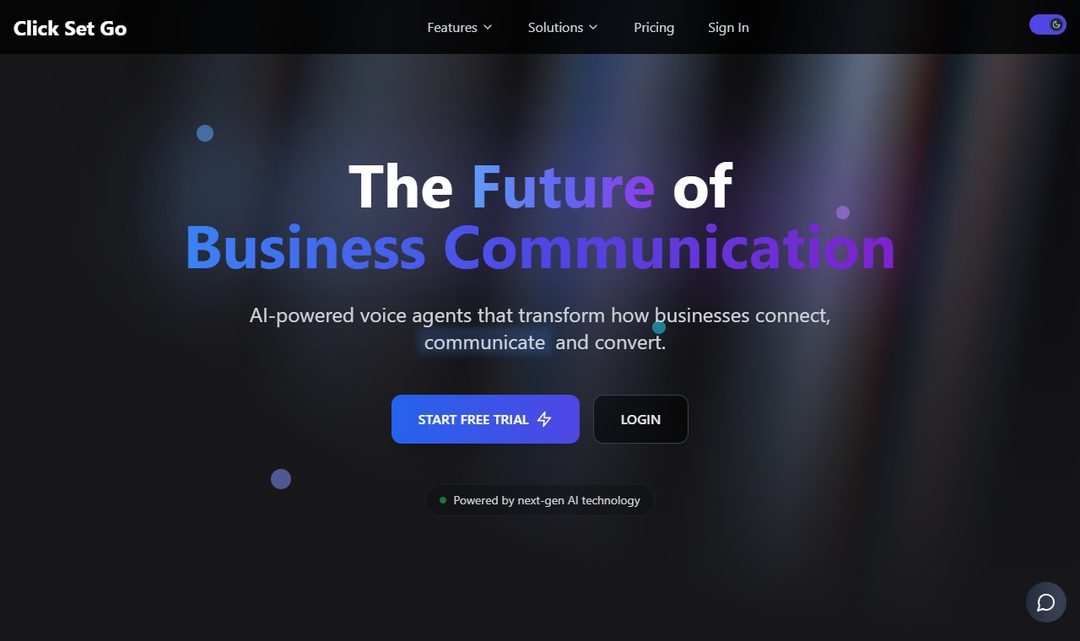 ClickSetGo homepage: The Future of Business Communication — AI-powered voice agents that transform how businesses connect, communicate and convert.